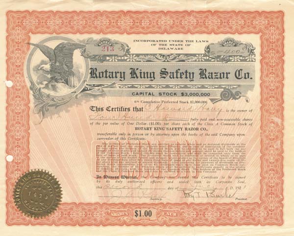 Rotary King Safety Razor Co. - Stock Certificate